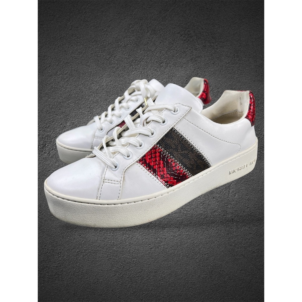 Michael Kors Poppy White Red Snakeskin Logo Platform Sneakers AN20L Womens 7.5M